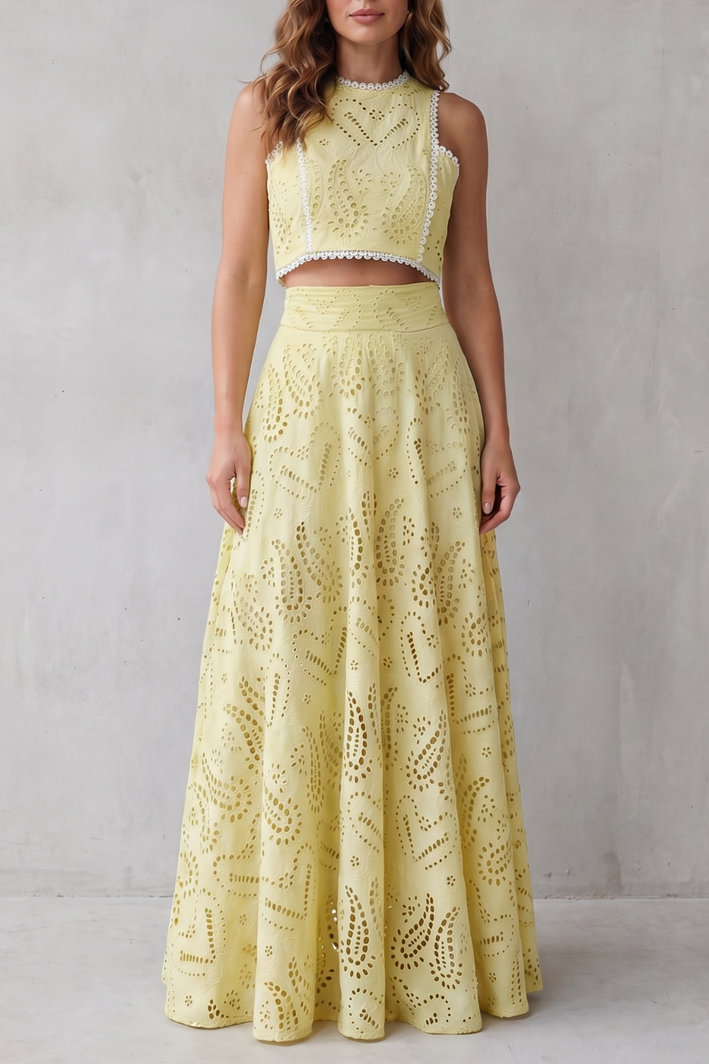 EVIE | Embroidered Lace Sleeveless Midi Skirt Set