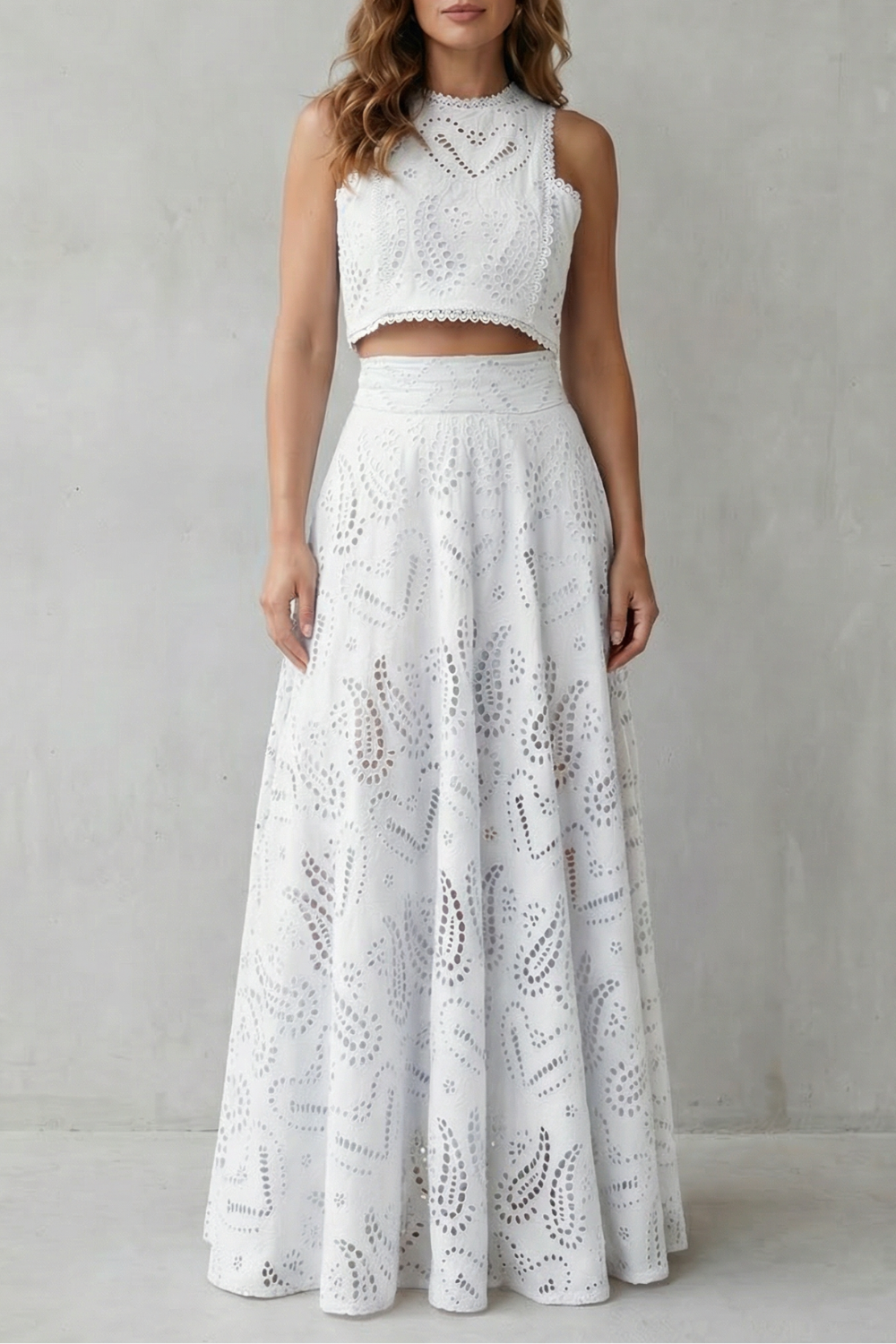 EVIE | Embroidered Lace Sleeveless Midi Skirt Set