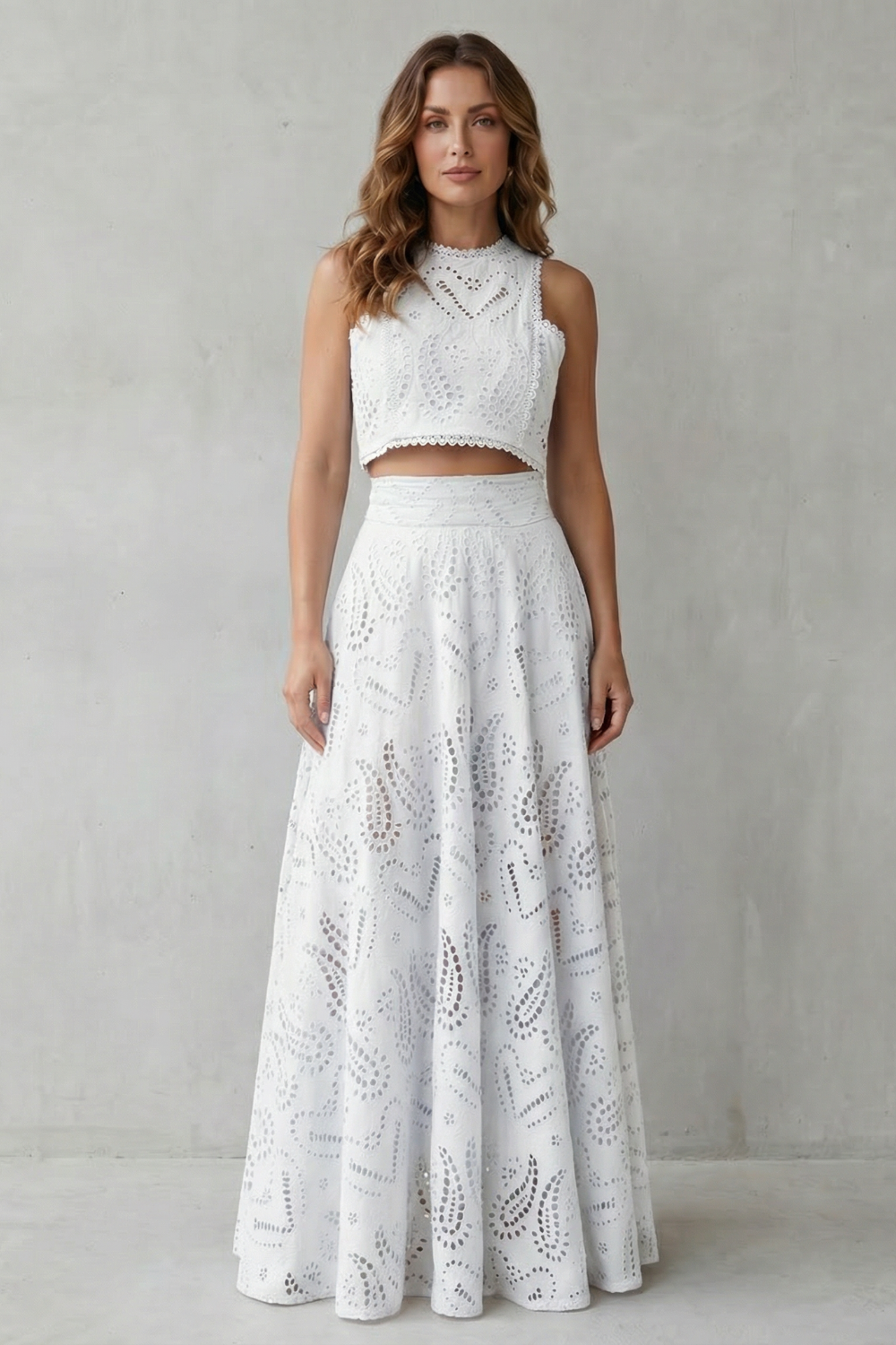 EVIE | Embroidered Lace Sleeveless Midi Skirt Set