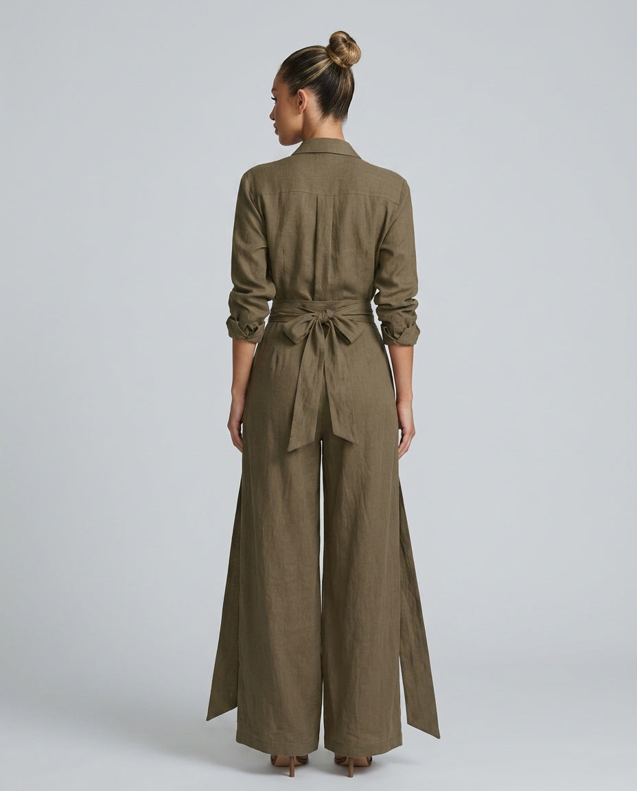 EVIE | Long Sleeve Shirt Collar Belted Jumpsuit