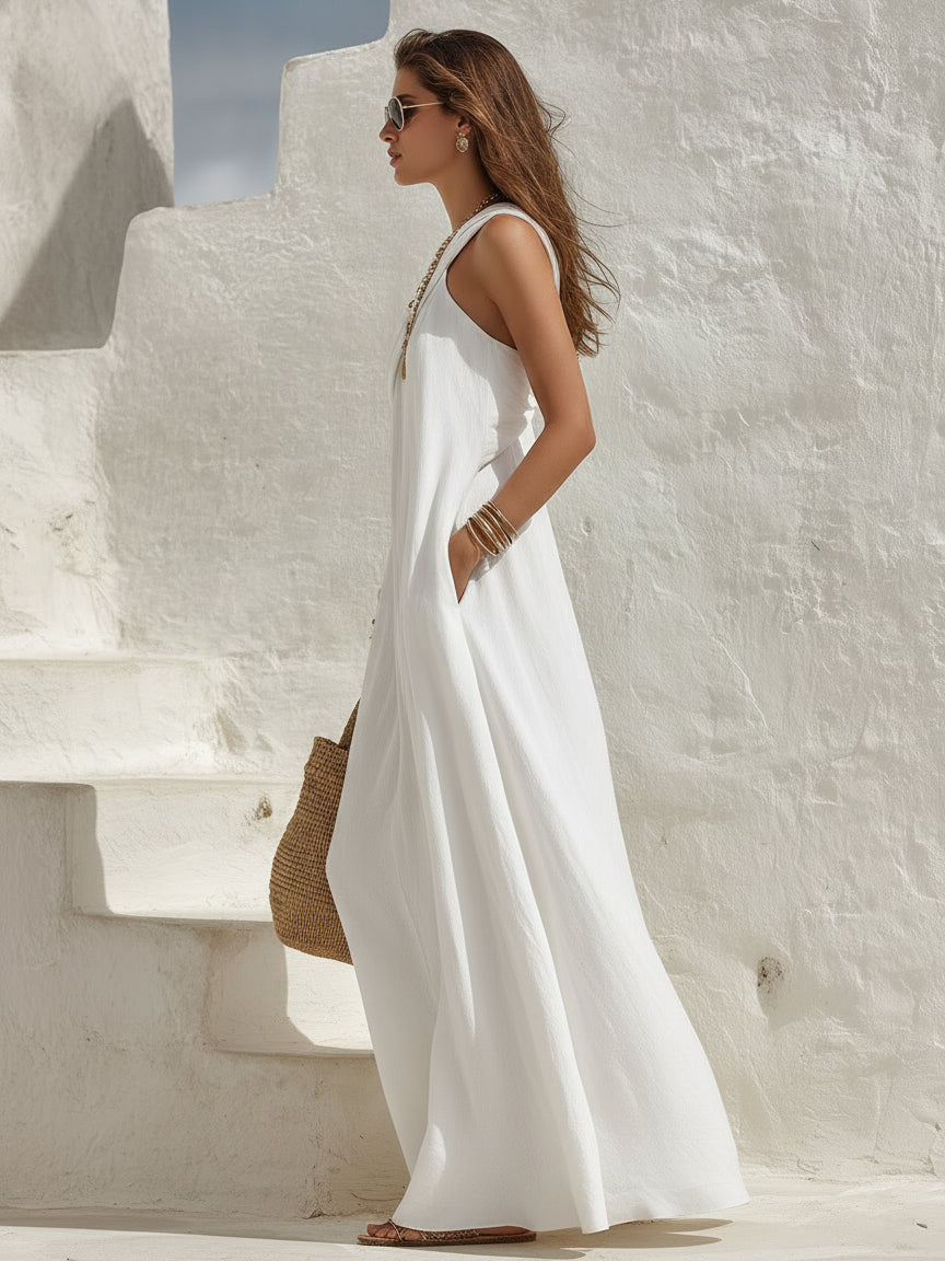 EVIE | One Shoulder Linen-Blend Boho Maxi Dress