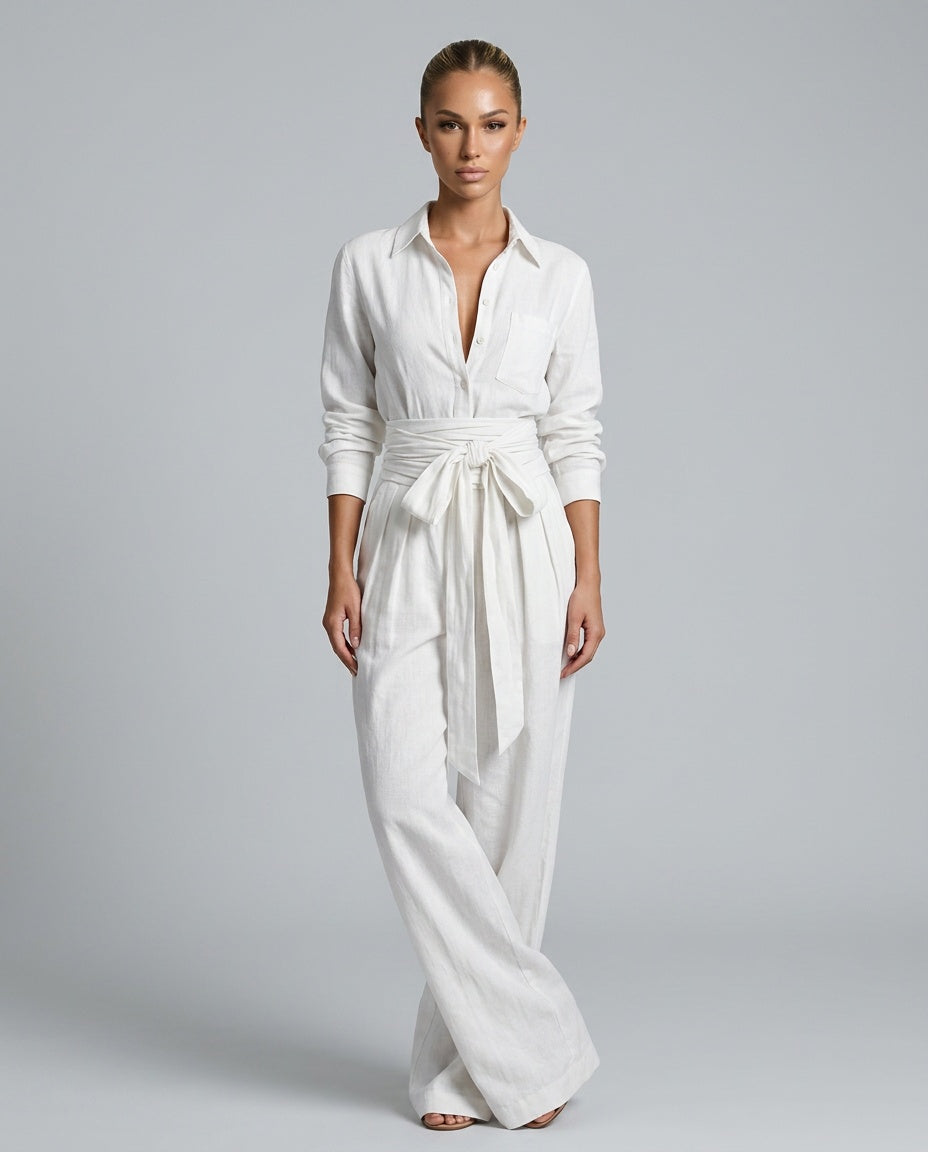 EVIE | Long Sleeve Shirt Collar Belted Jumpsuit
