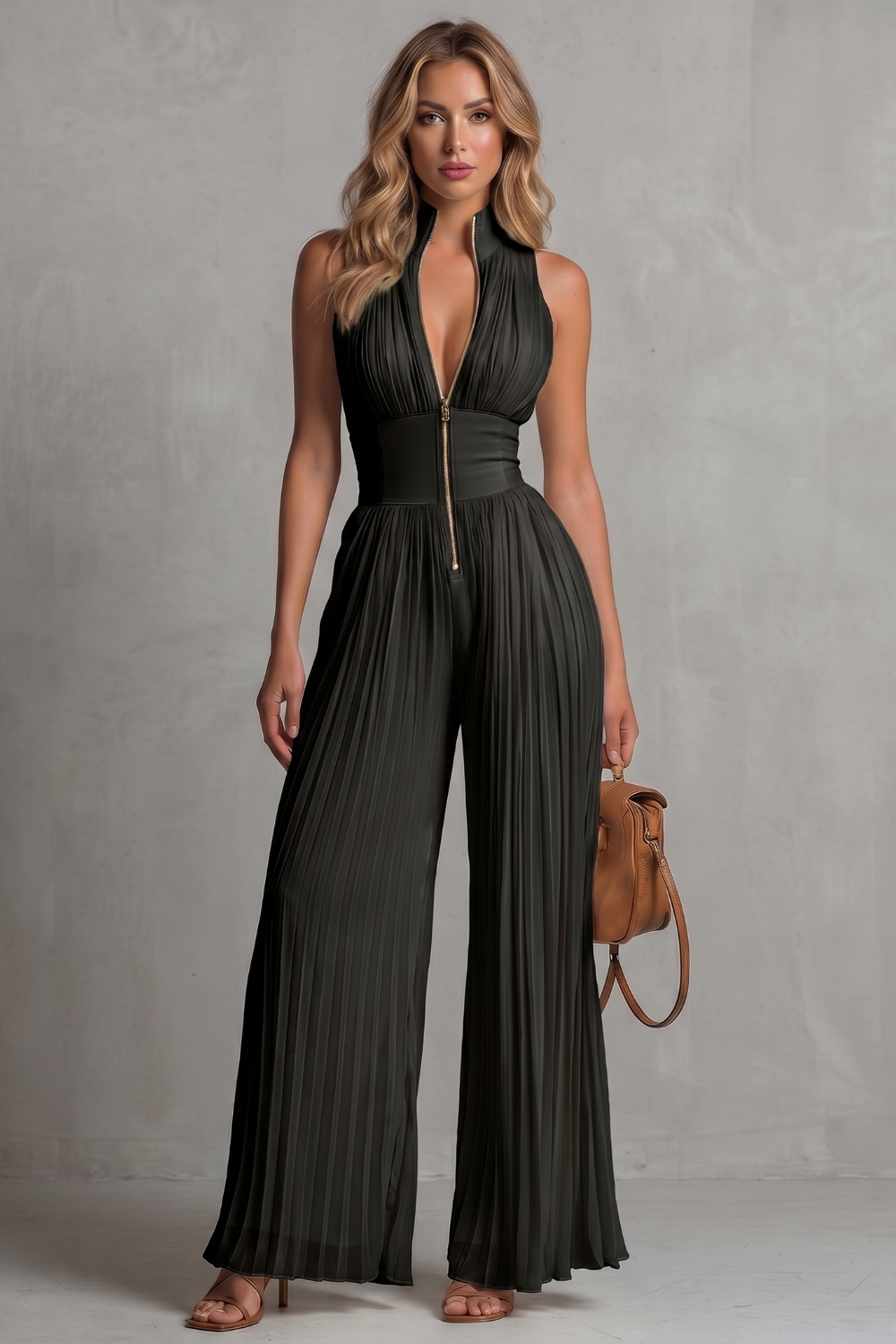 EVIE | Pleated Halter Wide Leg Jumpsuit
