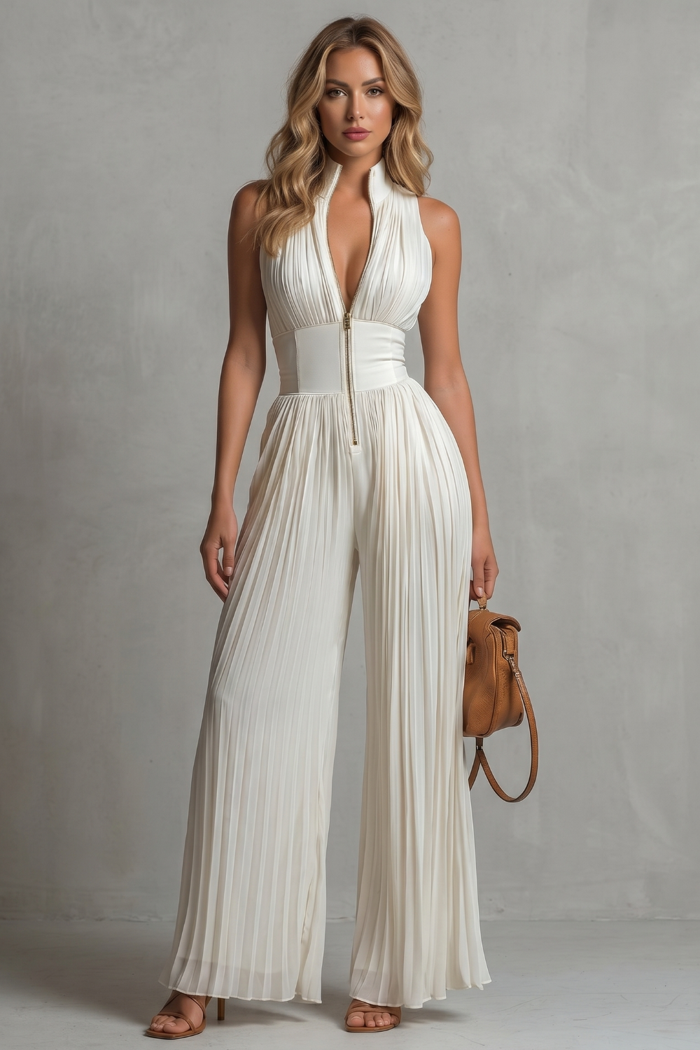EVIE | Pleated Halter Wide Leg Jumpsuit