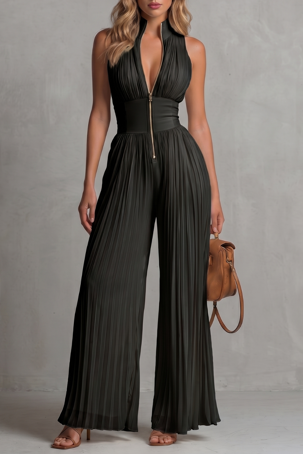 EVIE | Pleated Halter Wide Leg Jumpsuit