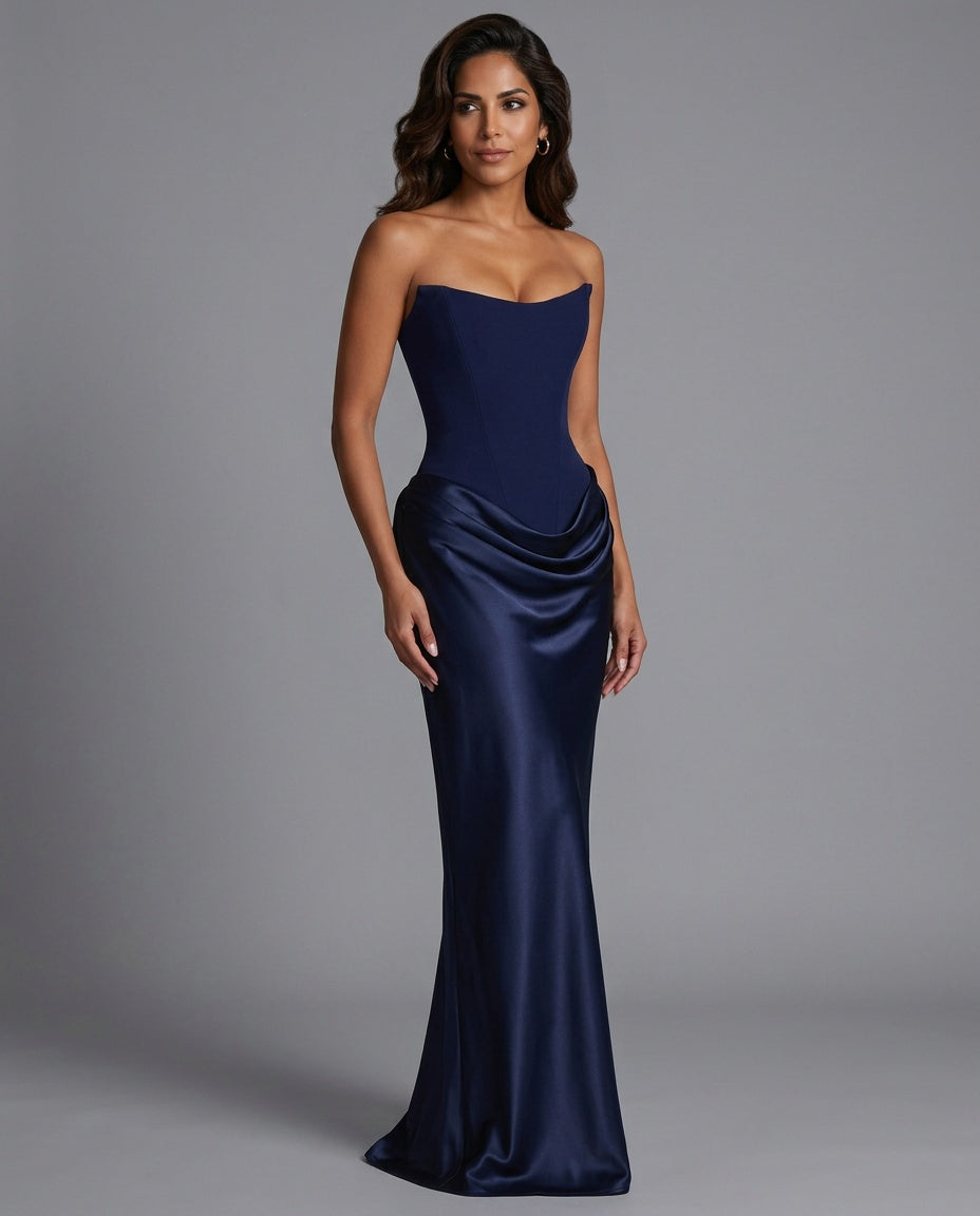 EVIE | Satin-Look Wrap Tie-Up Strapless Maxi Dress