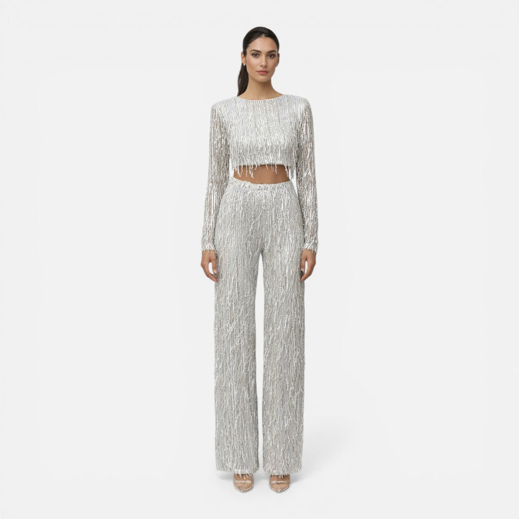 EVIE | Sequin Long Sleeve Crop Top Wide Leg Pants Set