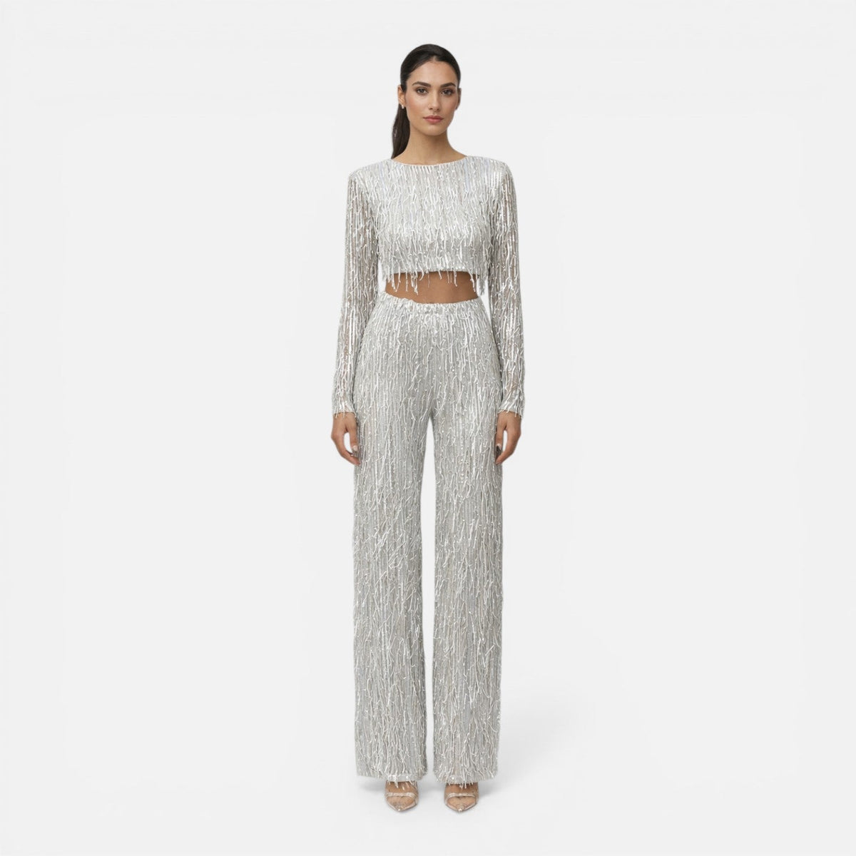 EVIE | Sequin Long Sleeve Crop Top Wide Leg Pants Set