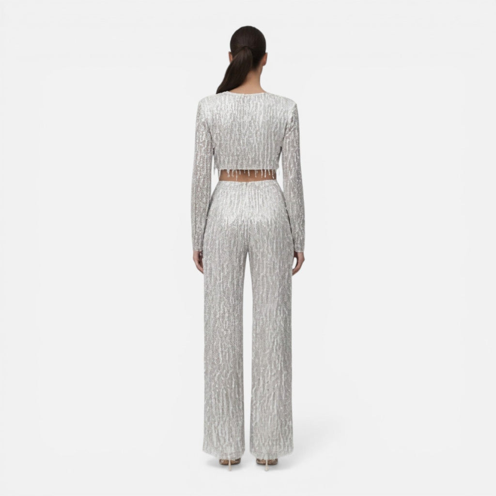 EVIE | Sequin Long Sleeve Crop Top Wide Leg Pants Set
