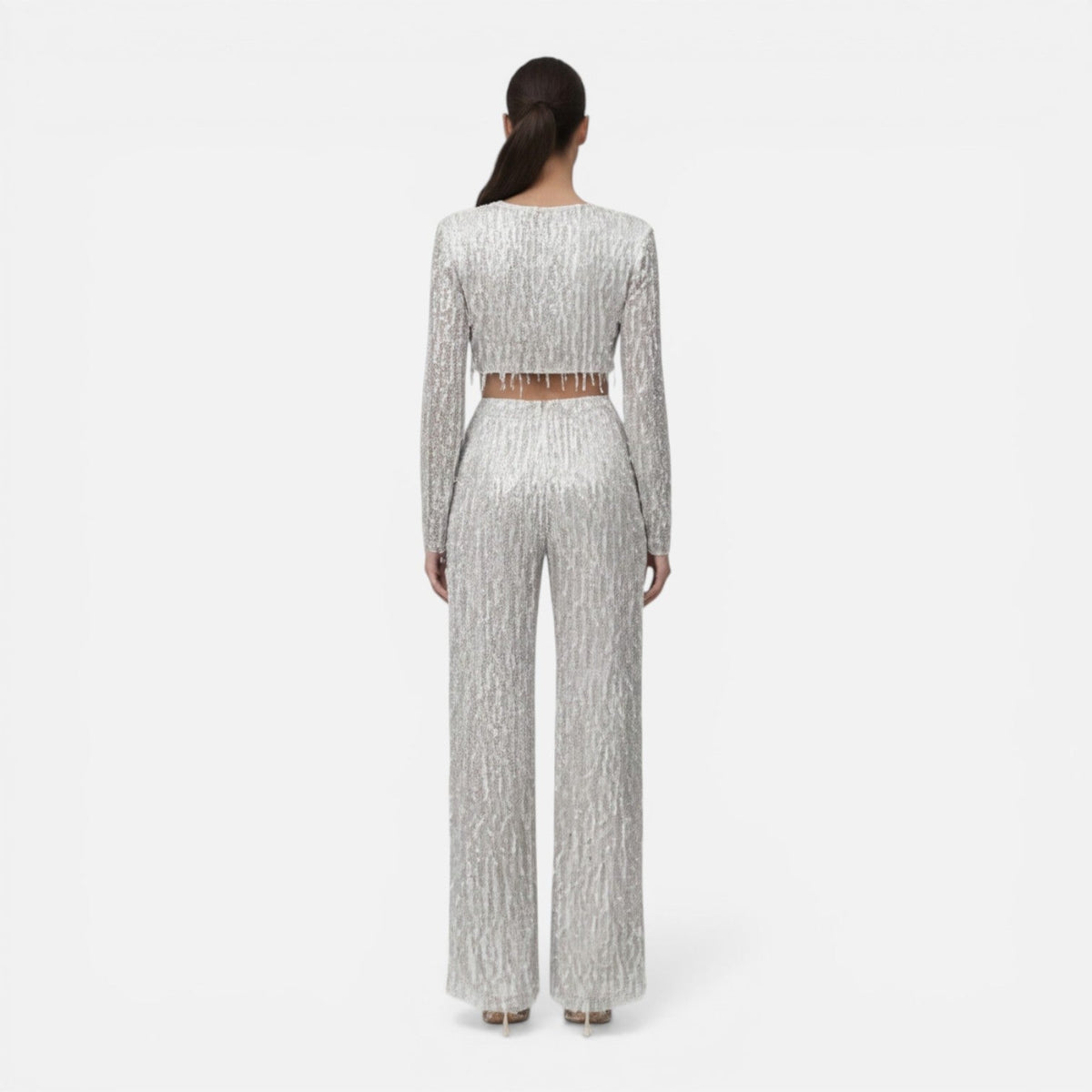 EVIE | Sequin Long Sleeve Crop Top Wide Leg Pants Set