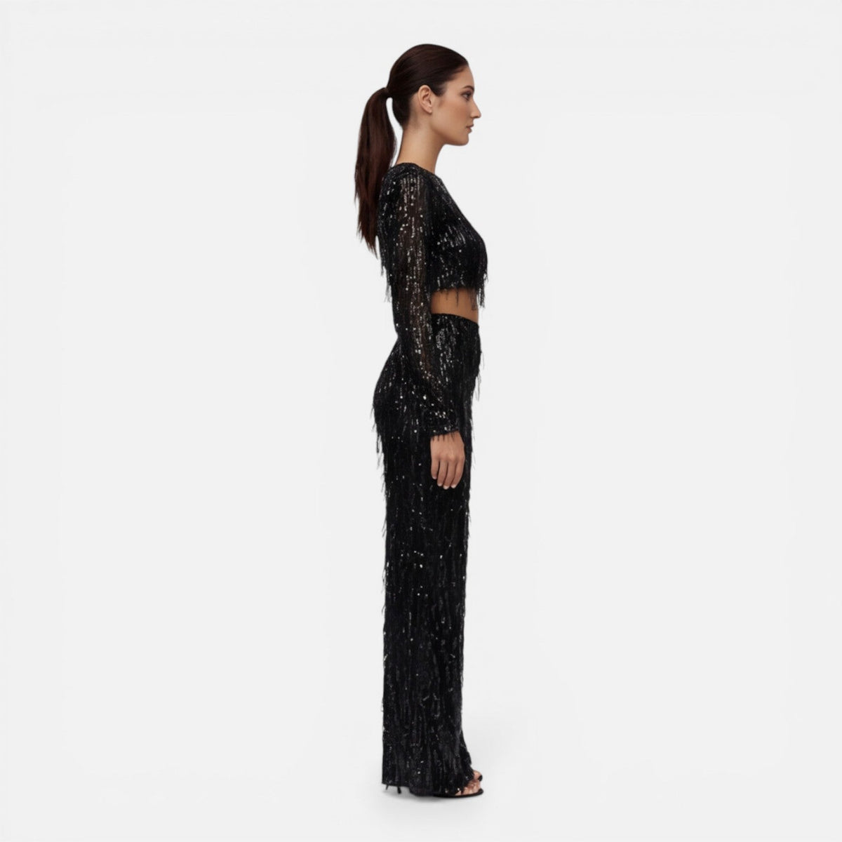 EVIE | Sequin Long Sleeve Crop Top Wide Leg Pants Set