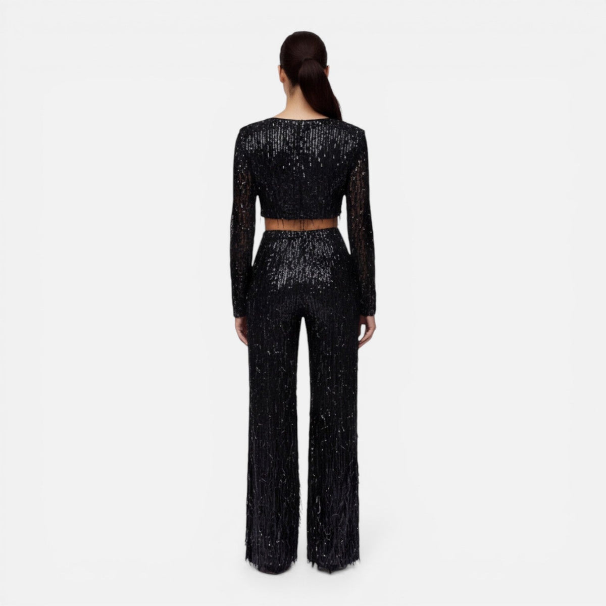 EVIE | Sequin Long Sleeve Crop Top Wide Leg Pants Set