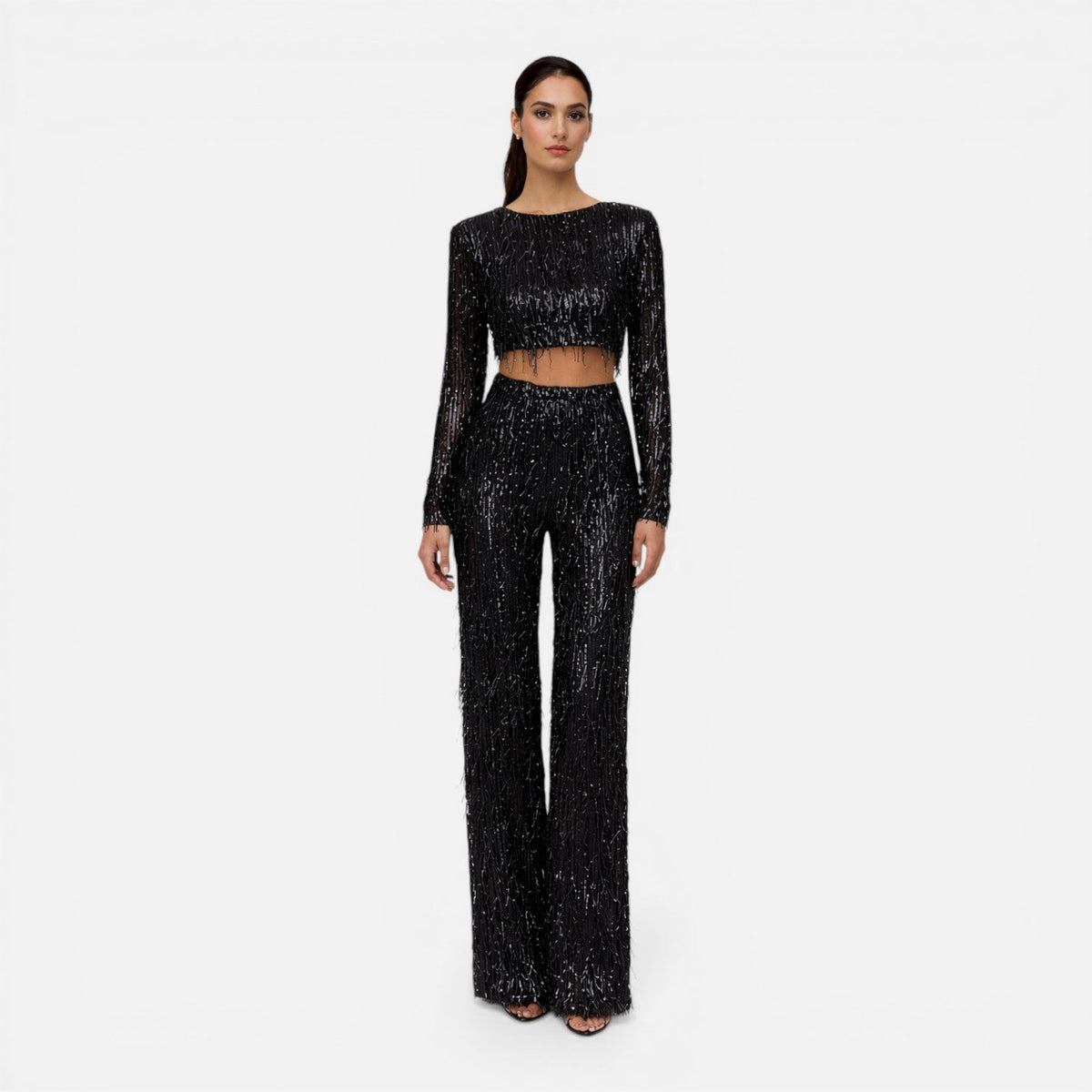 EVIE | Sequin Long Sleeve Crop Top Wide Leg Pants Set