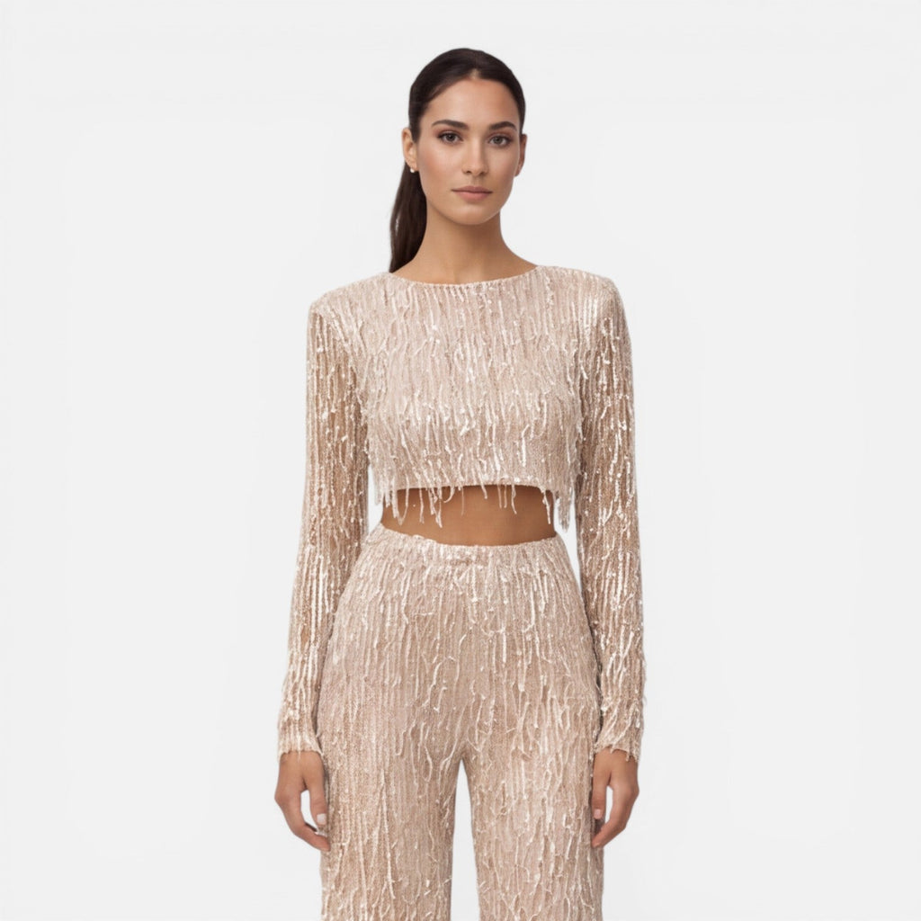 EVIE | Sequin Long Sleeve Crop Top Wide Leg Pants Set