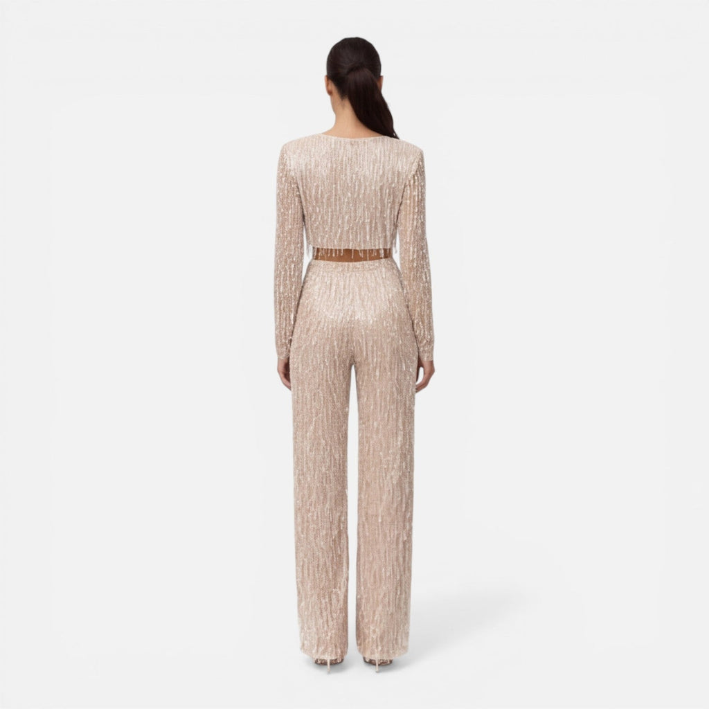 EVIE | Sequin Long Sleeve Crop Top Wide Leg Pants Set