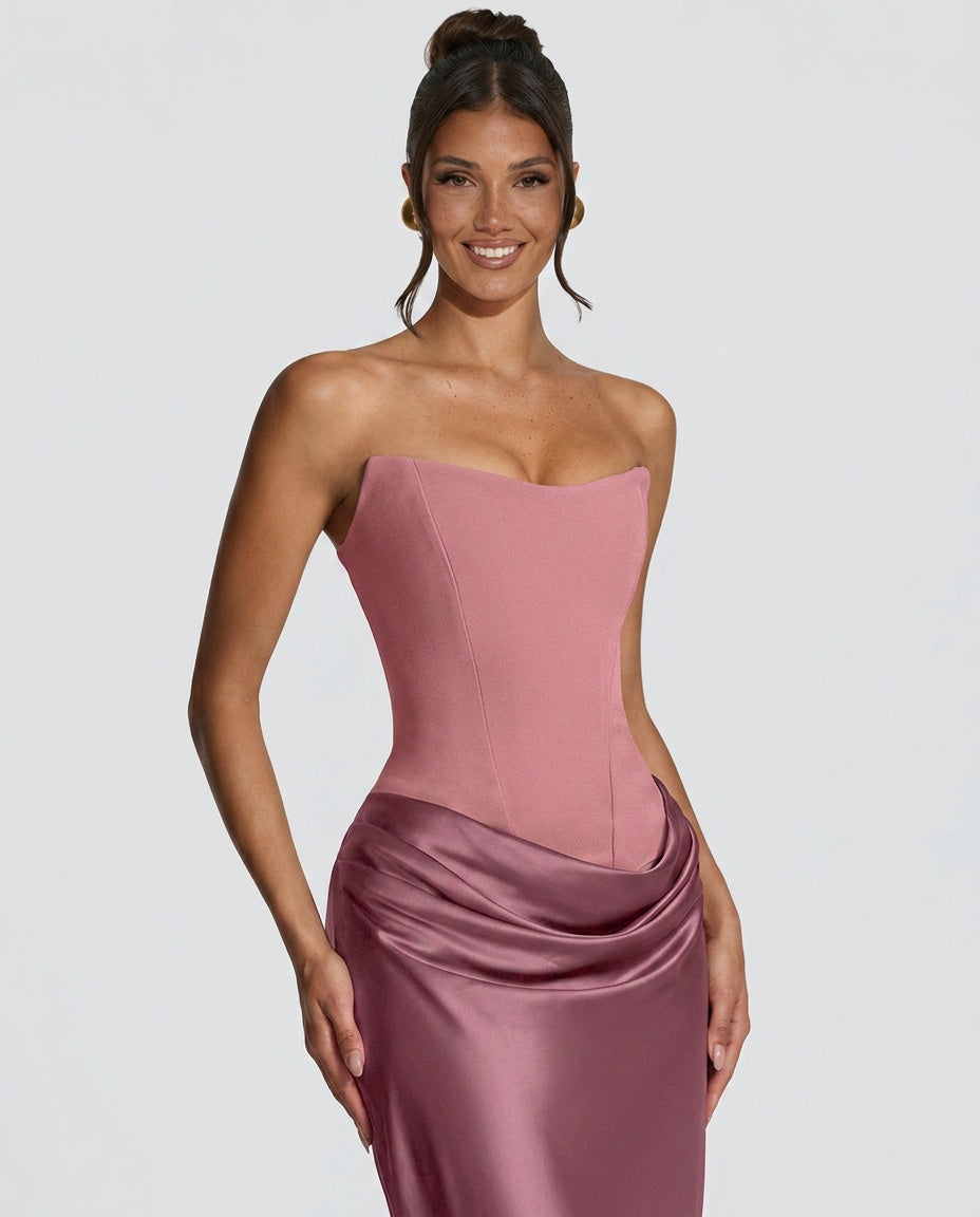 EVIE | Satin-Look Wrap Tie-Up Strapless Maxi Dress