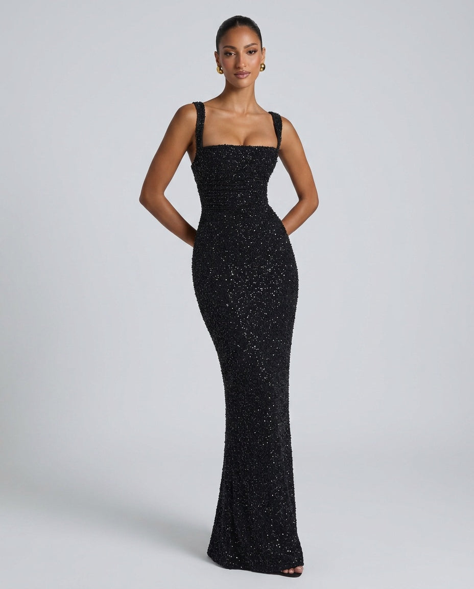 EVIE | Sequin Tie-Up Square Neck Maxi Dress