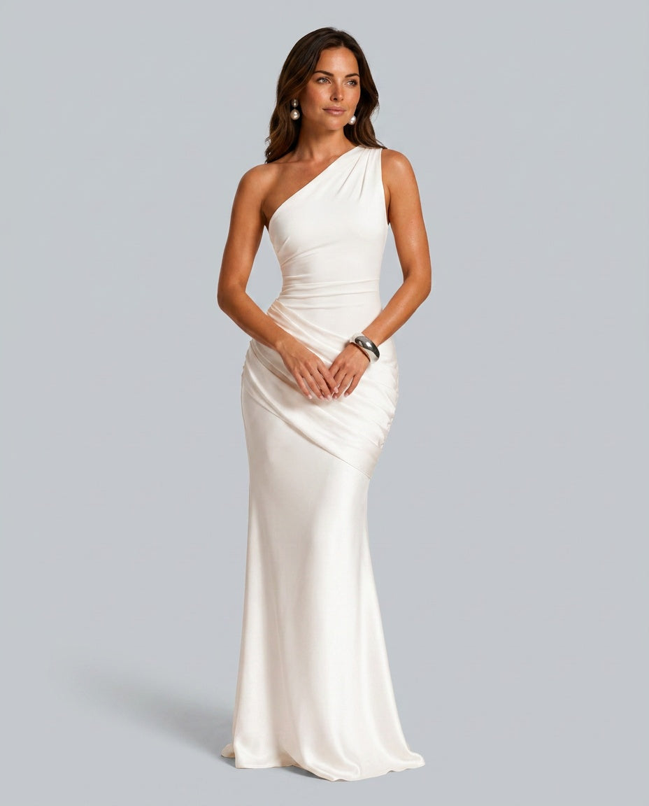 EVIE | One Shoulder Draped Satin-Look Maxi Dress