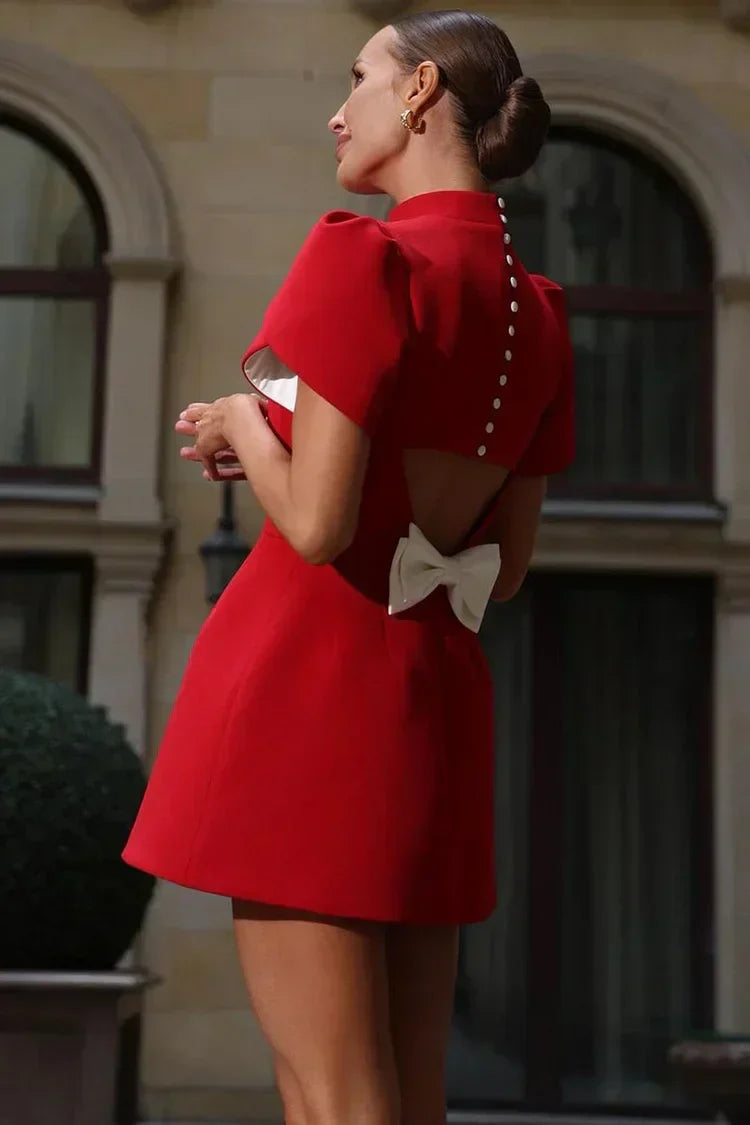 EVIE | Short Sleeve Open Back Bow Mini Dress