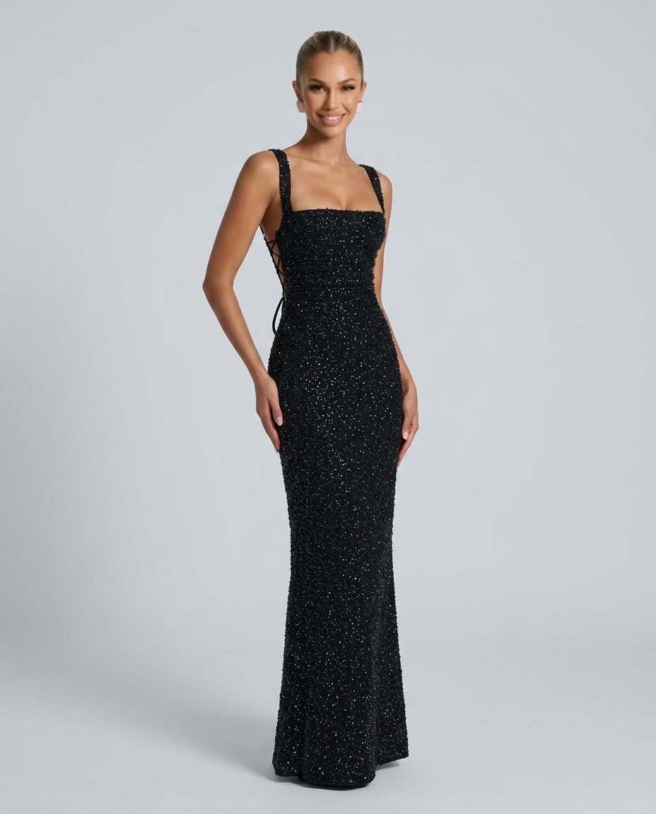 EVIE | Sequin Tie-Up Square Neck Maxi Dress