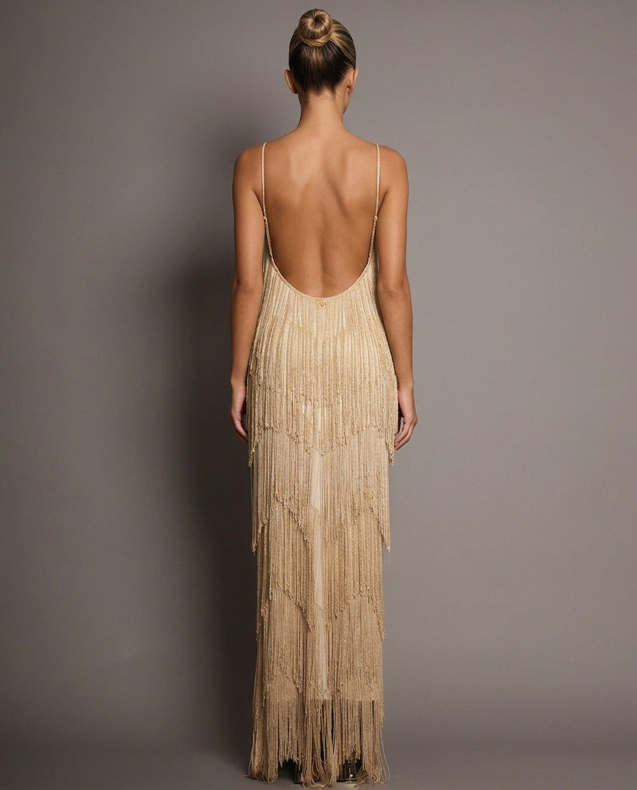 EVIE | Fringe Tiered V-Neck Cami Maxi Dress