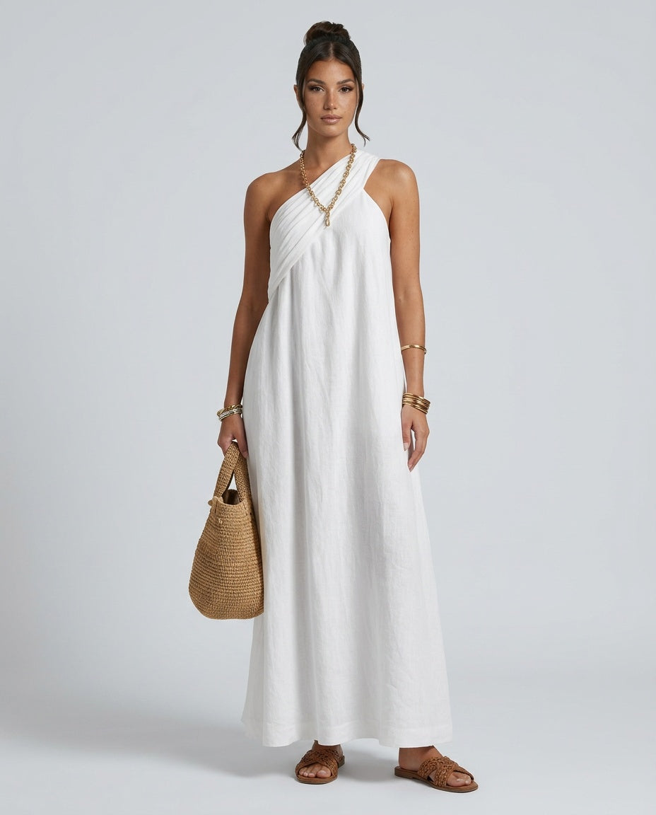 EVIE | One Shoulder Linen-Blend Boho Maxi Dress
