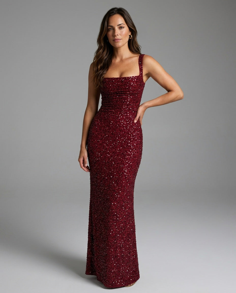 EVIE | Sequin Tie-Up Square Neck Maxi Dress
