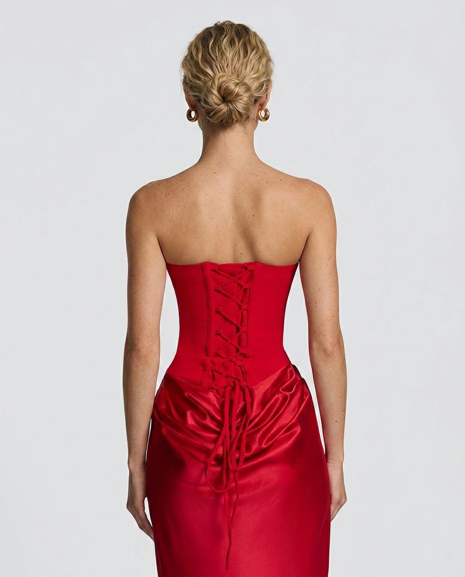 EVIE | Lace-Up Corset Strapless Maxi Dress