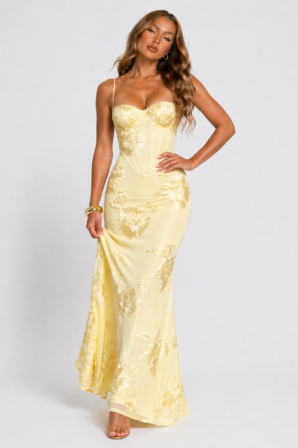 EVIE | Floral Jacquard Corset Maxi Dress