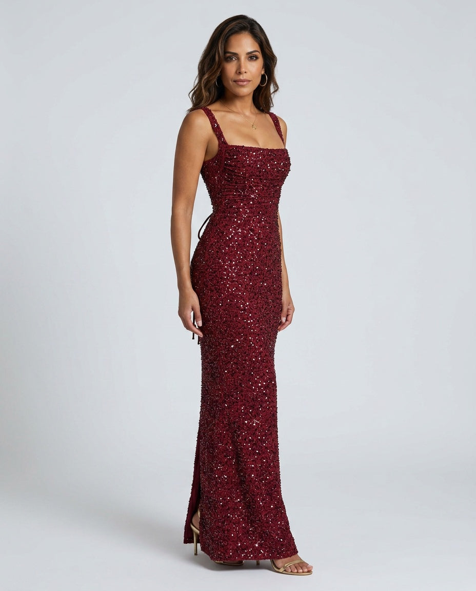 EVIE | Sequin Tie-Up Square Neck Maxi Dress