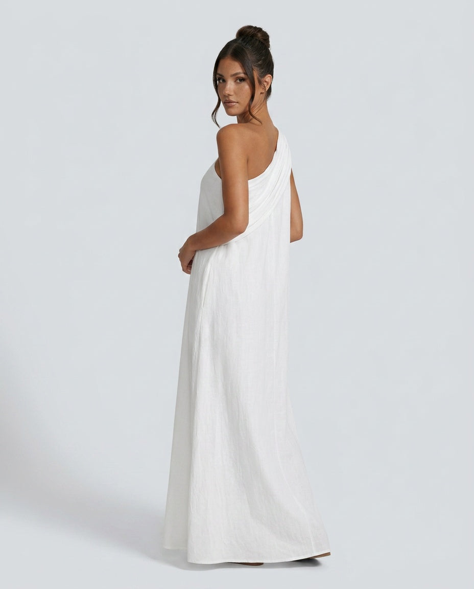 EVIE | One Shoulder Linen-Blend Boho Maxi Dress