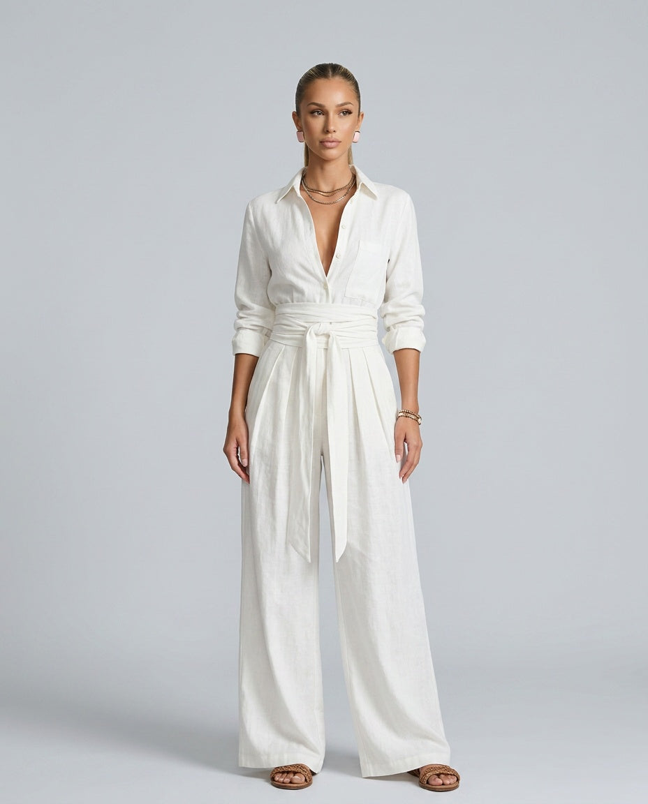 EVIE | Long Sleeve Shirt Collar Belted Jumpsuit