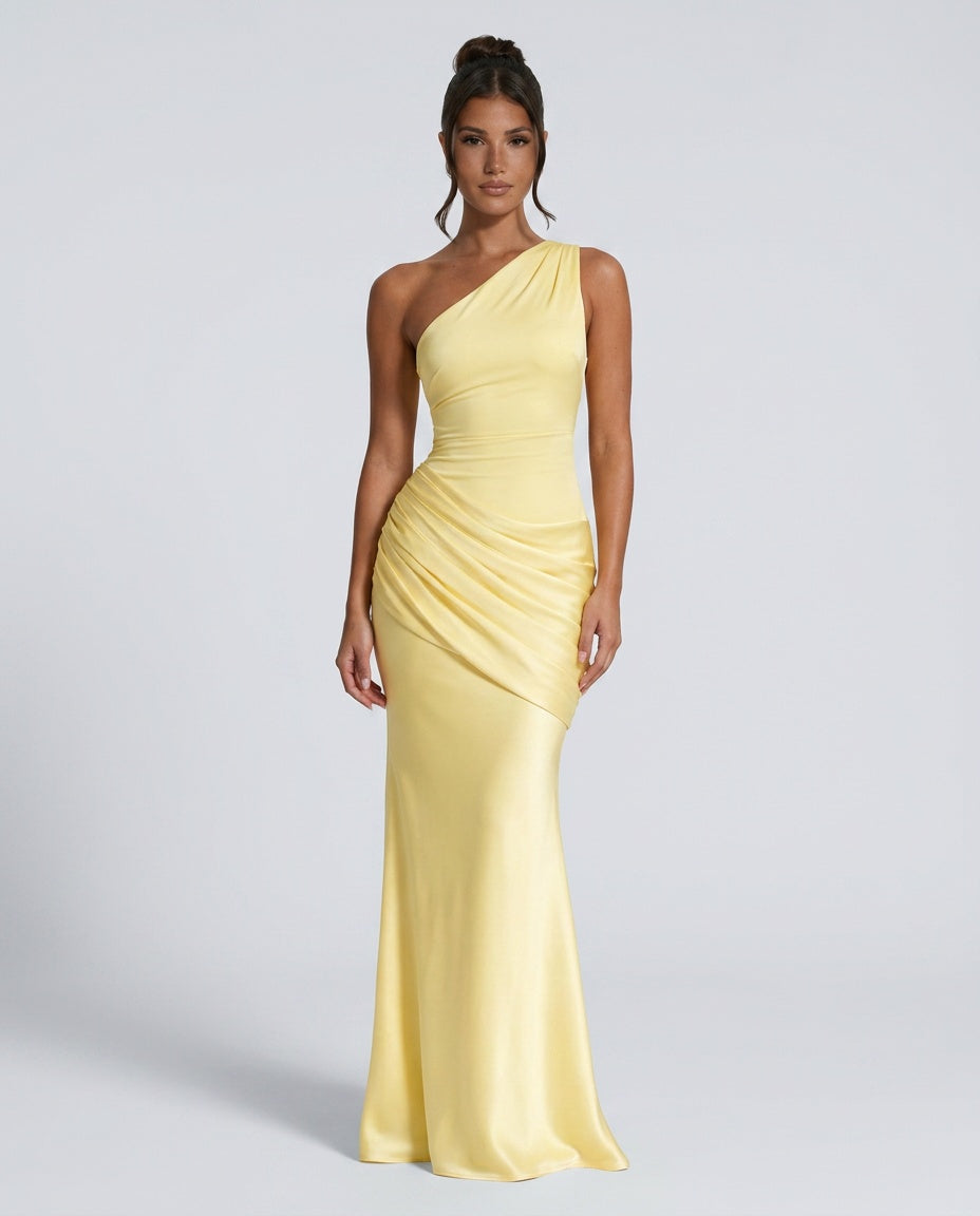 EVIE | One Shoulder Draped Satin-Look Maxi Dress