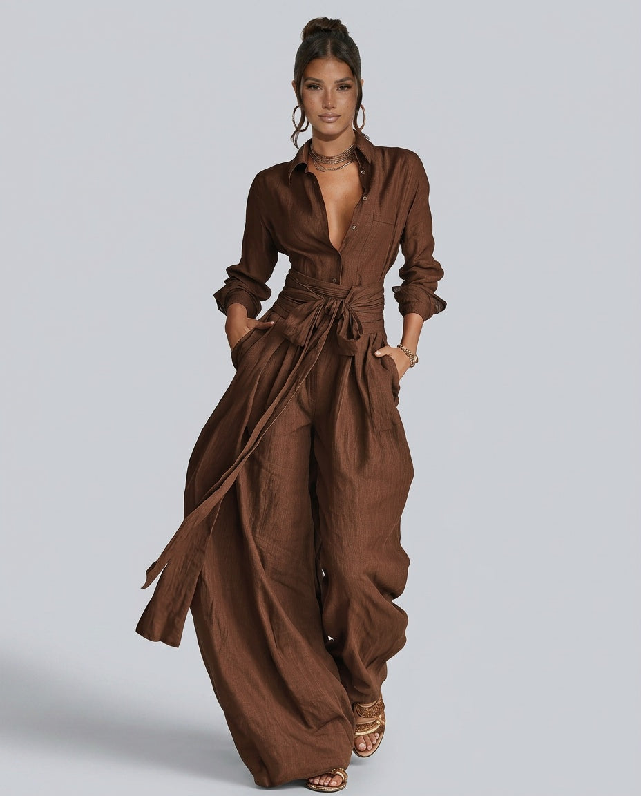EVIE | Long Sleeve Shirt Collar Belted Jumpsuit
