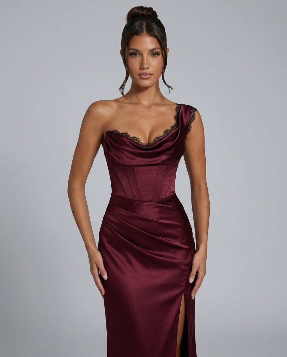 EVIE | Lace Trim Strapless Asymmetric Maxi Dress