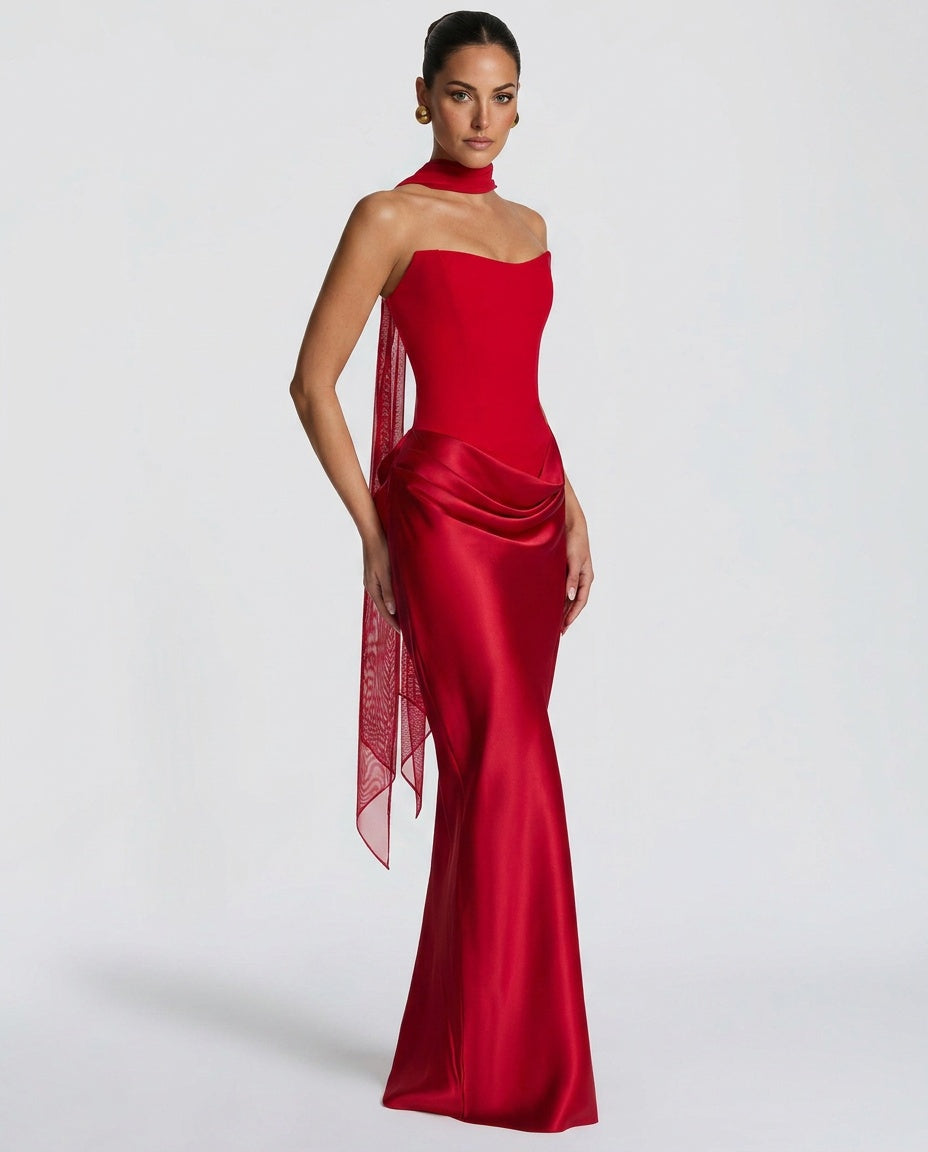 EVIE | Satin-Look Wrap Tie-Up Strapless Maxi Dress