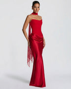 EVIE | Satin-Look Wrap Tie-Up Strapless Maxi Dress