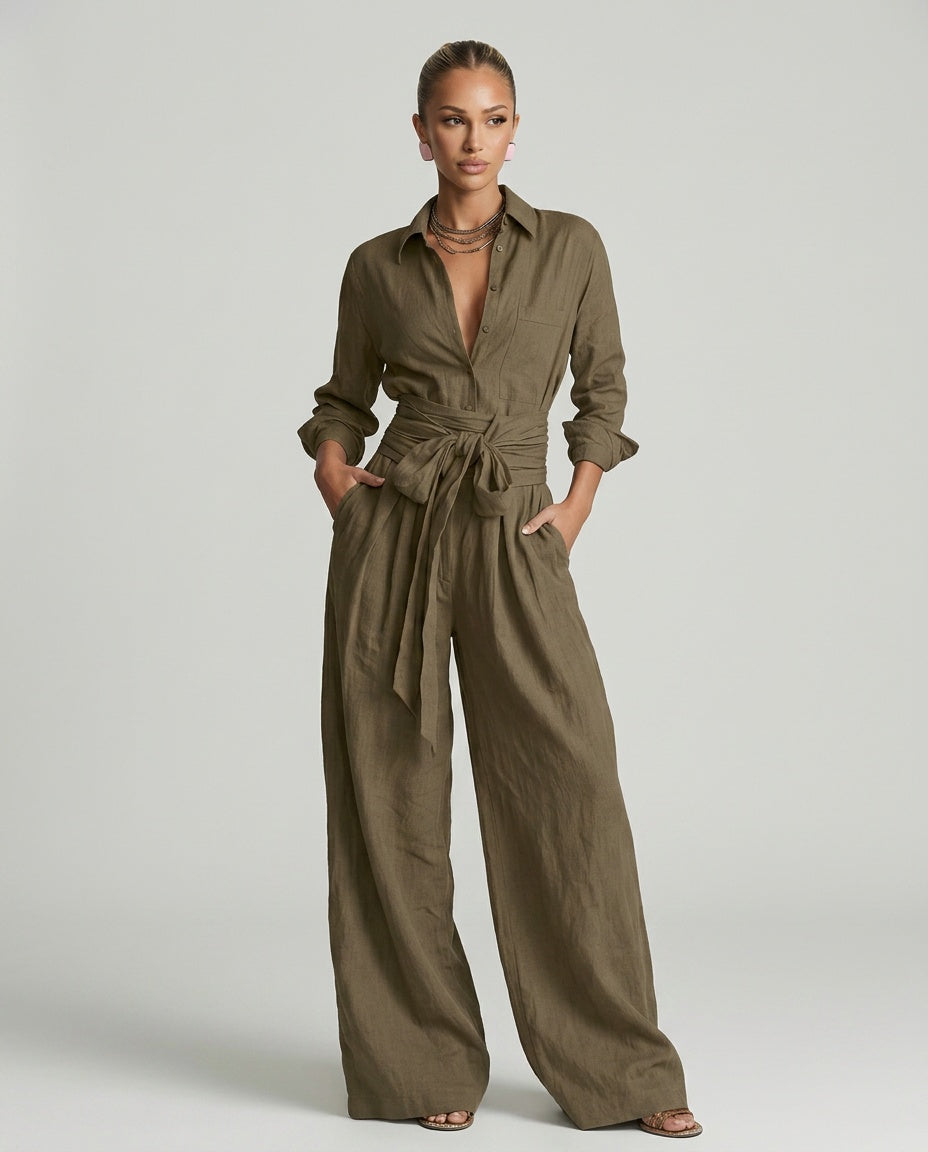 EVIE | Long Sleeve Shirt Collar Belted Jumpsuit