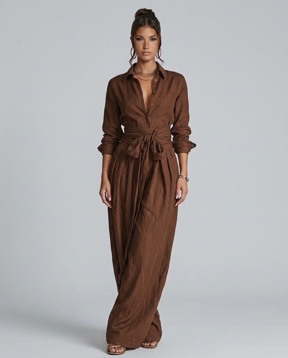 EVIE | Long Sleeve Shirt Collar Belted Jumpsuit