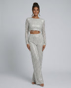 EVIE | Sequin Long Sleeve Crop Top Wide Leg Pants Set